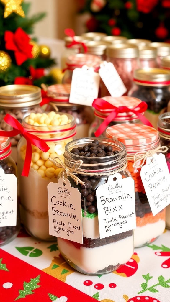 Mason jars filled with cookie and brownie mixes, decorated with ribbons and tags on a festive table.